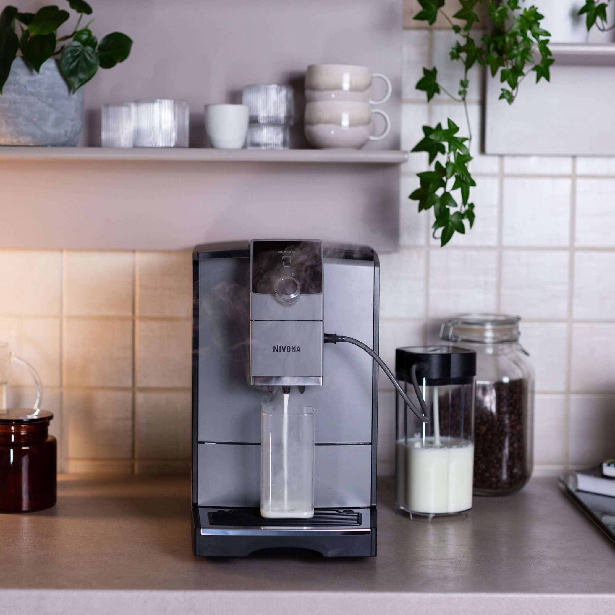 NICR 793 CafeRomatica Fully Automatic Espresso Machine brewing on a kitchen countertop